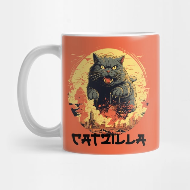 Catzilla Vintage Funny Cute Cat Art Japanese Sunset by Happy Lime